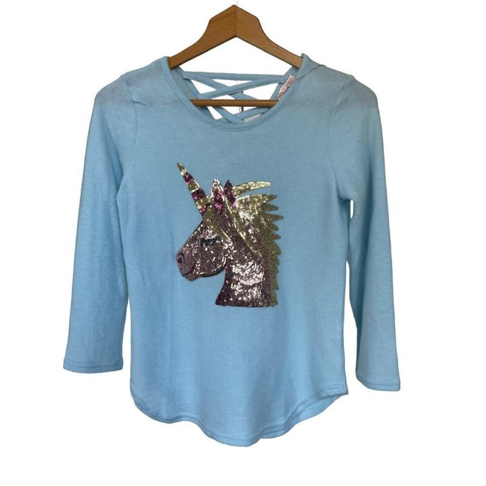 NWT Poof Girl XL Light Blue Long Sleeve Fleece Rose Gold Sequin Unicorn Top
